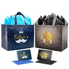 2PCS 12.6" Happy Father's Day Gift Bag with Tissue Papers and Card Large Reus...