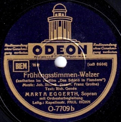 Eggerth. Strauss (Frühlingsstimmen; Schönen blauen Donau). Odeon O-7709. NM(-)