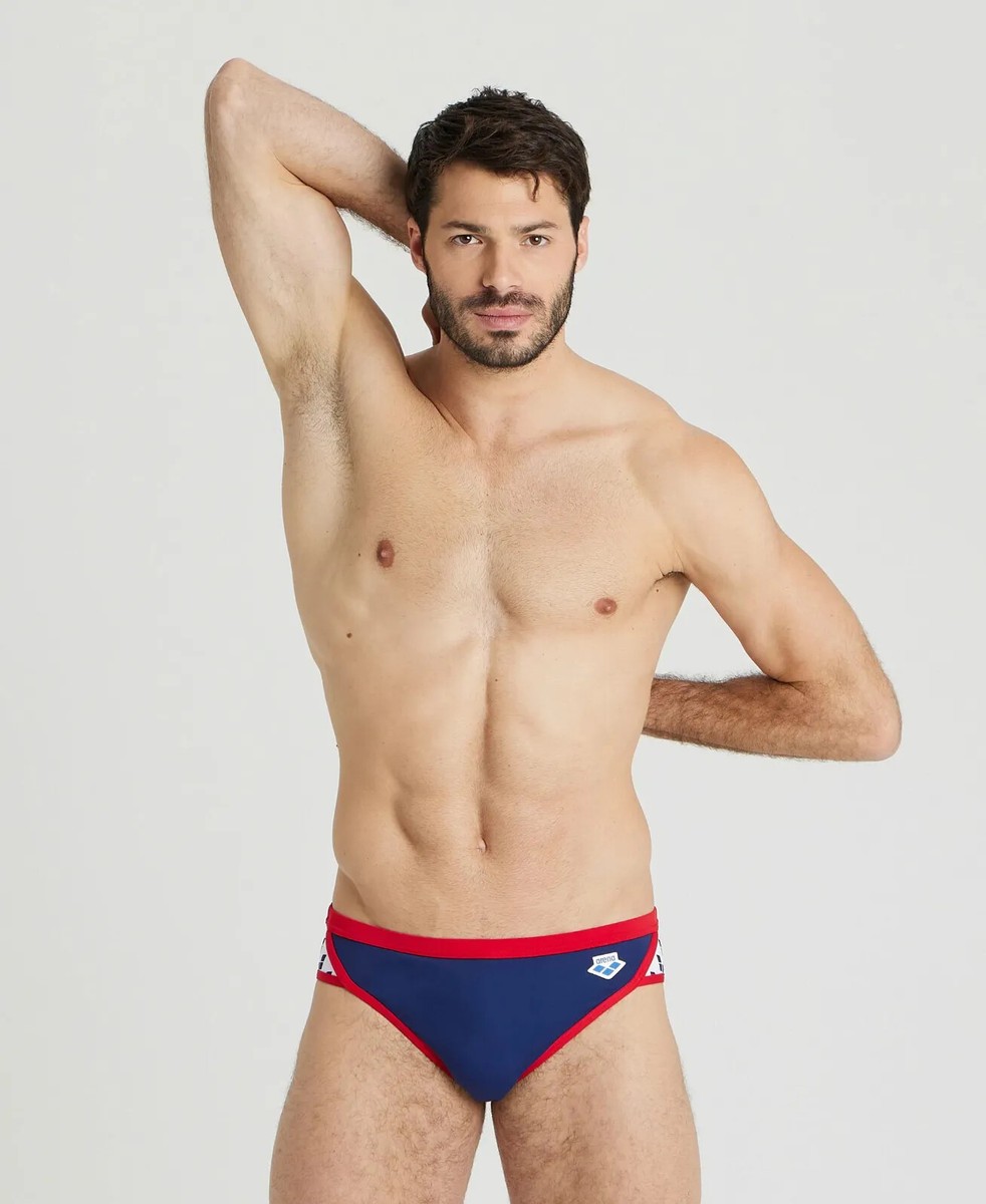 Arena men navy blue red trim Icon swim brief swimwear size