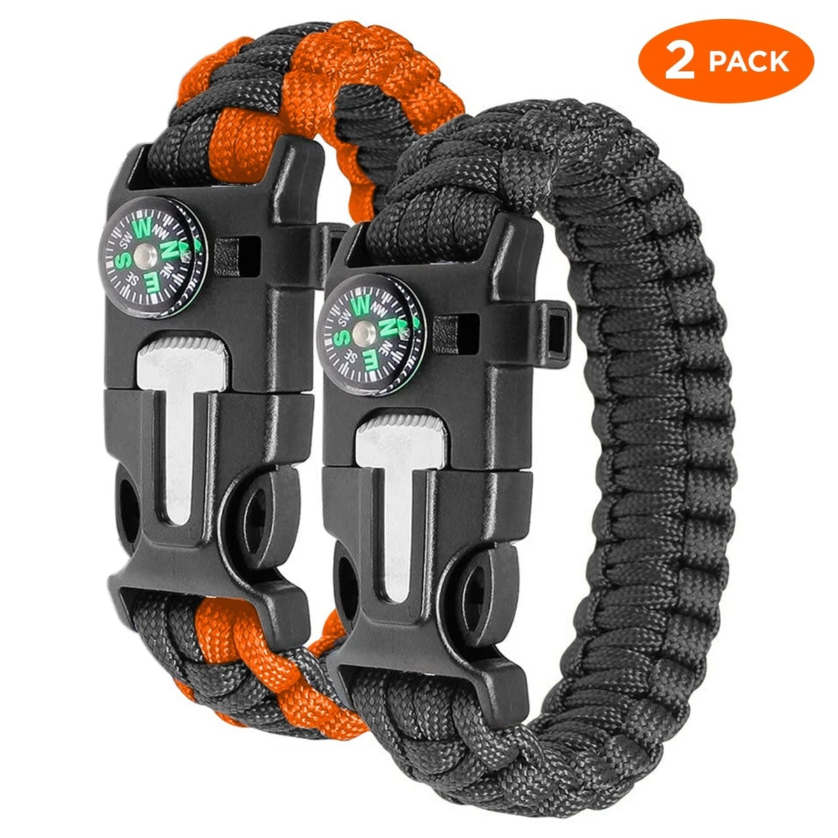 2 Pack Survival Paracord Bracelet Survival Kit Firestarter Compass Whistle