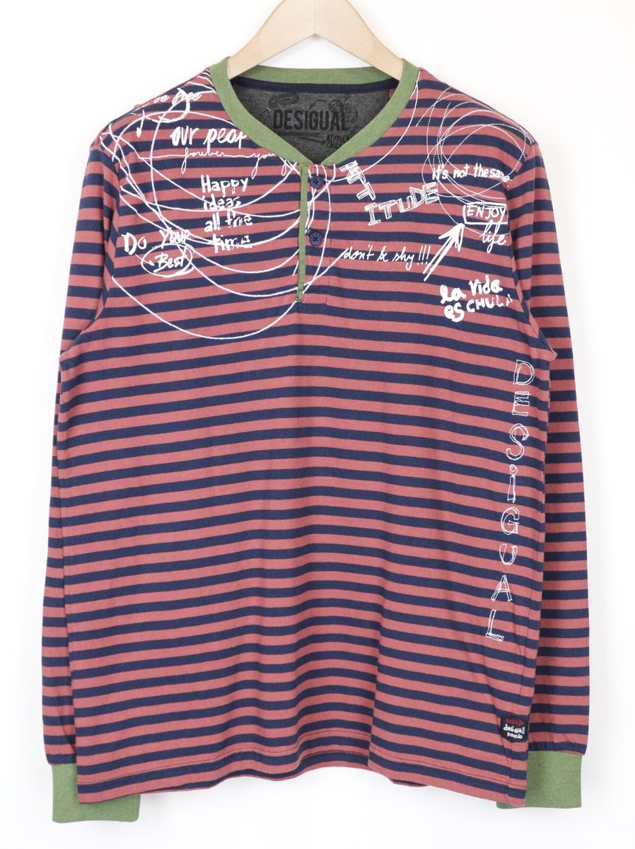 DESIGUAL Maglietta Da Uomo M Arancione Blu Striata Manica Lunga