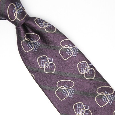 Gladson Mens Macclesfield Silk Necktie Dark Purple Gray White Geometric Stripe