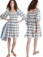 MADEWELL Lucie Cotton Puff Sleeve Smocked Mini Dress Lebaum Plaid - Size S