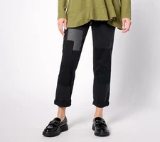 LOGO by Lori Goldstein Petite Patchwork Boyfriend Jeans Washed Black 12 New