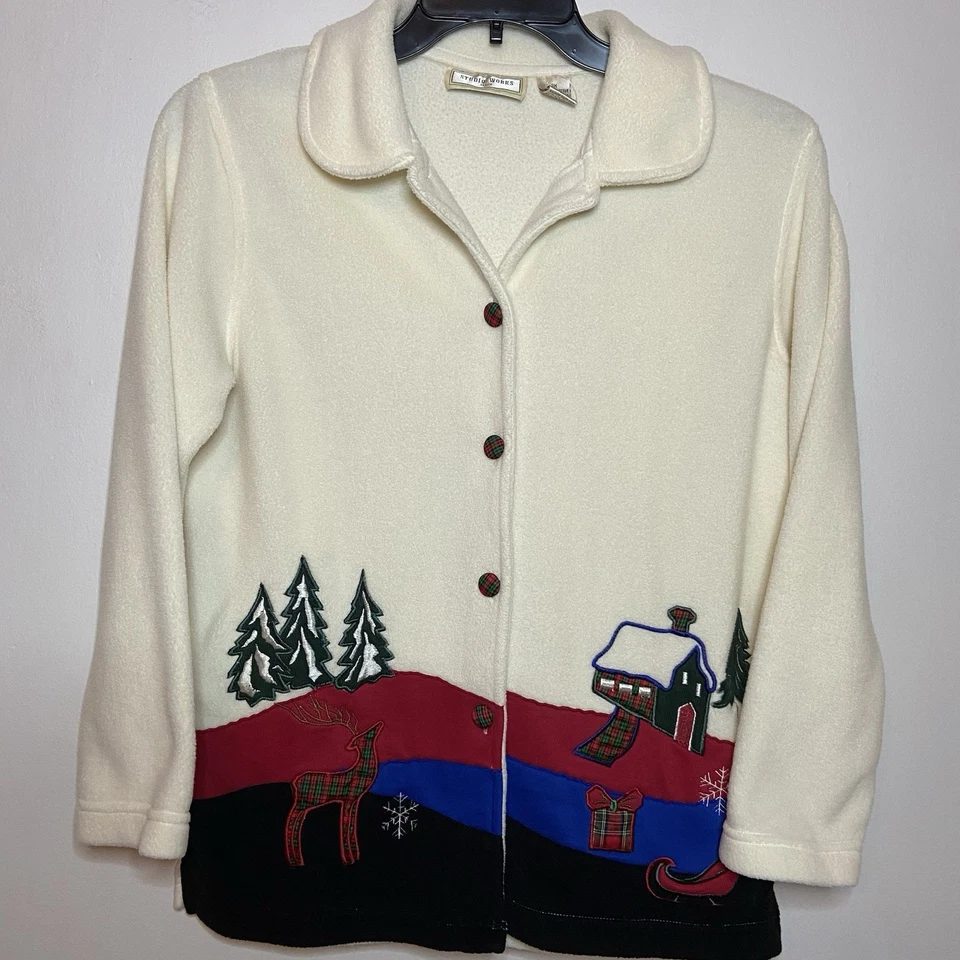 Vintage Studio Works Fleece Sweater Women’s PM Ivory Christmas Winter Embroidery - Image 2 of 4
