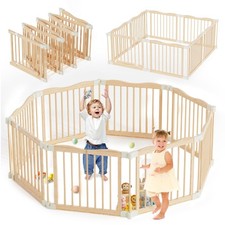 Foldable Wooden Playpen - Adjustable Wood Baby Play Yard with Child-Proof Loc...