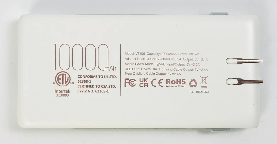Veektomx VT105 移动电源 10000mAh 白色 LED 显示屏 C 型微型 USB iPhone — 第 3/4 张图片