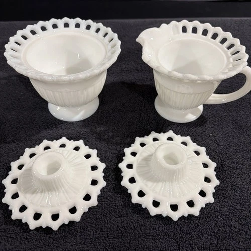 Vtg. Fostoria Randolph White Milk Glass Pedestal Creamer/Sugar & Candle Holders