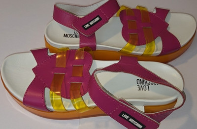 Love Moschino Strappy Sandals Pink Yellow Heart Logo Women's US 9.5 Adjustable
