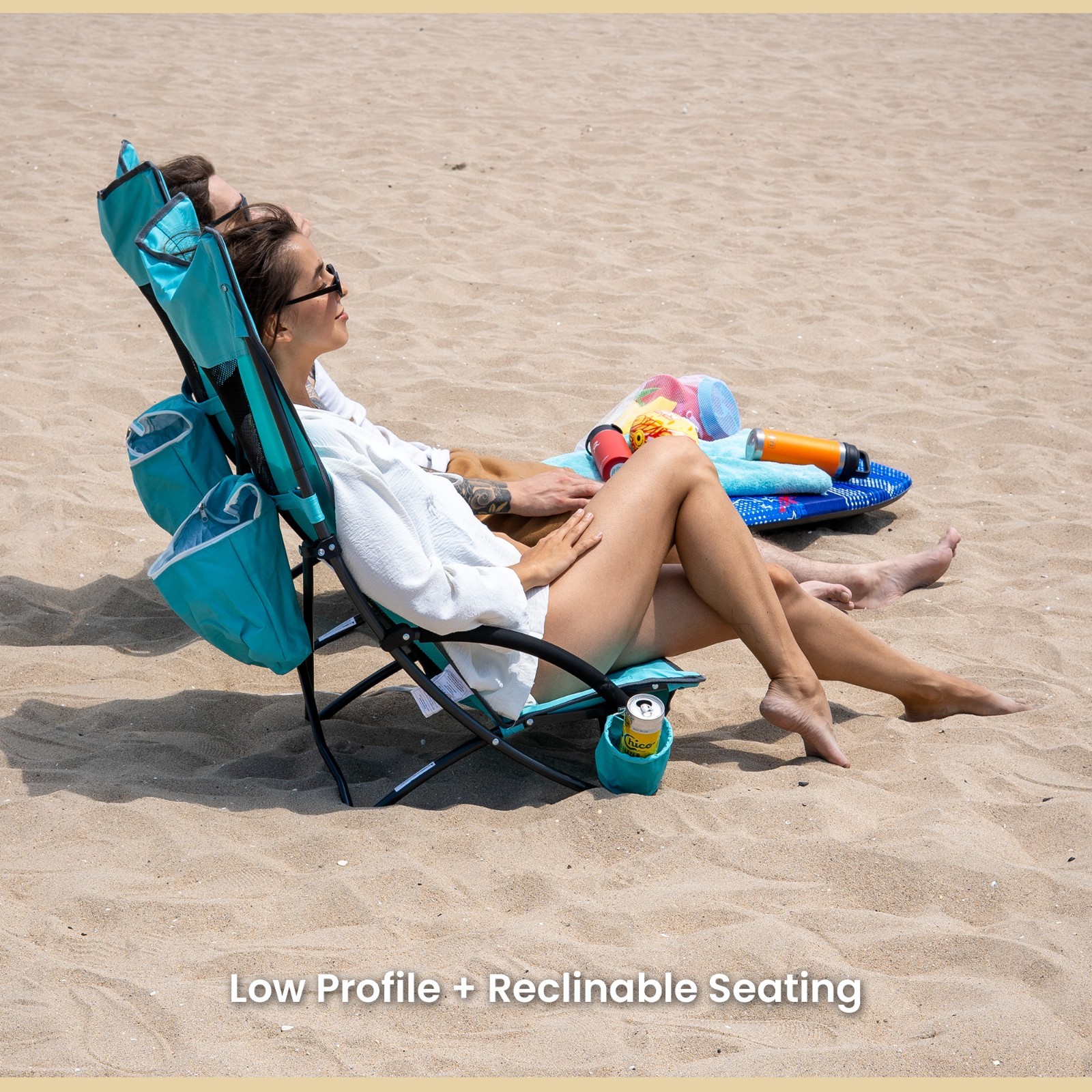 2PC Low Sitting 20° Reclinable Folding Beach Chair w/ Headrest Foam Armrest Blue