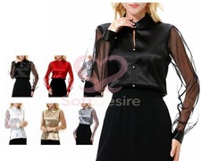 Women Long Mesh Sleeve Shirts Tops Blouse Party Satin Blouse Pure Color Top
