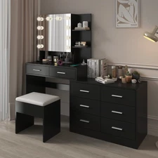 Vanity Makeup Table 8 Drawer Dresser with 10 LED Light Mirror & Power Outlets