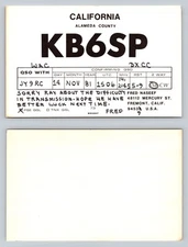 Ham Radio QSL QSO Postcard KB6SP, Fremont, CA, USA