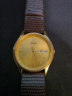 Seiko Watch Men 35mm Champagne Dial Gold Tone Daydate Round 7N43-8A99 New Batt