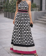 Eliza J Maxi Dress Sz 4P Gold Chain Halter Dress Black White Pink Geometric Gala