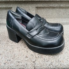 90's Vintage Mudd Y2K Black Chunky Block 3" Heel Platform Loafer Shoes Size 10