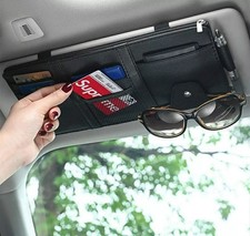 Leather Car Sun Visor Organizer 12x6 Black Universal For Cards Phone Cash Pens