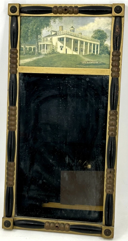 ESPELHO ANTIGO DE DOIS PAINÉIS SHERATON DOURADO E PRETO DO INÍCIO DO SÉCULO XIX - Imagem 2 de 4