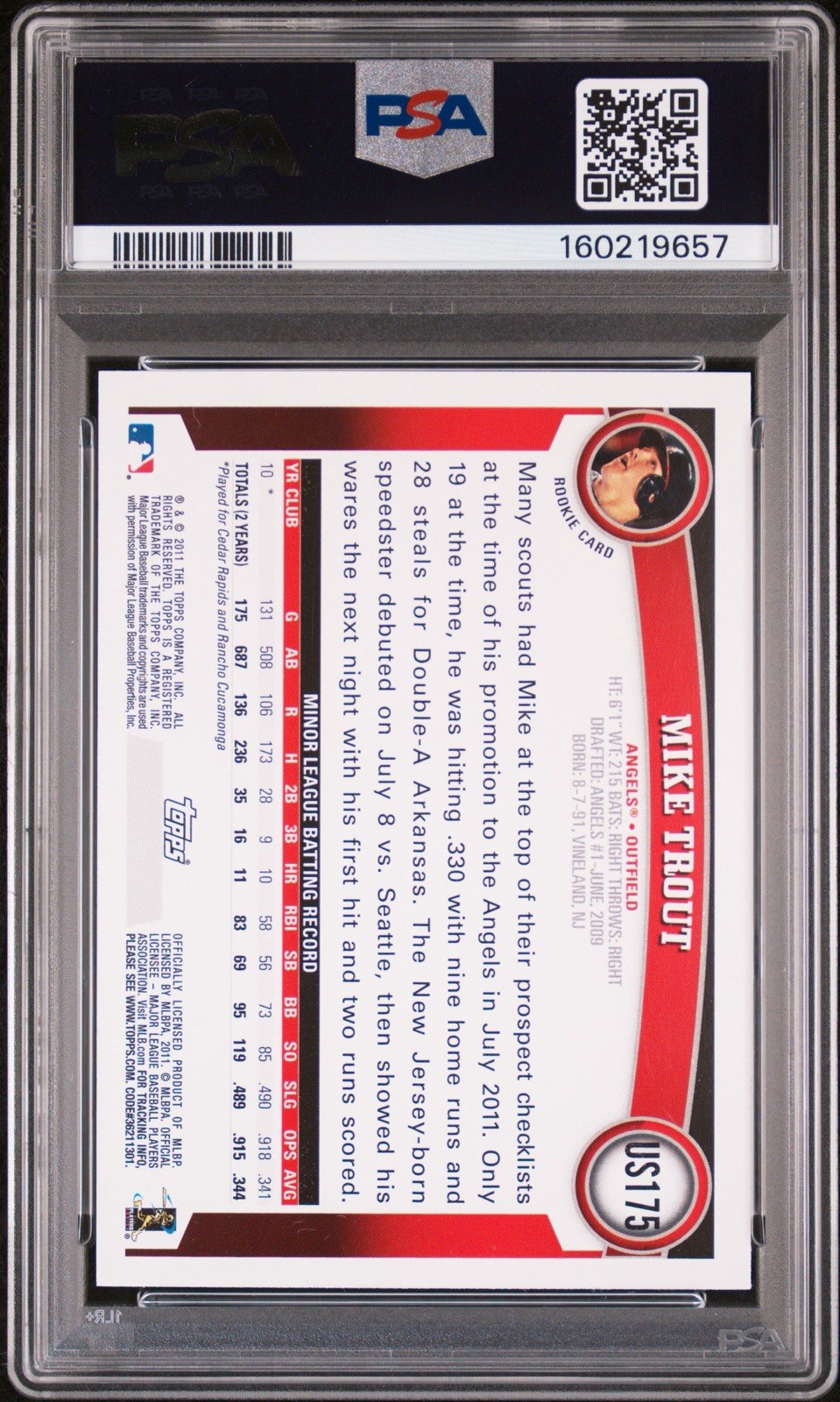 2011 Topps Update Series - Mike Trout #US175 (RC) PSA 9 view 2