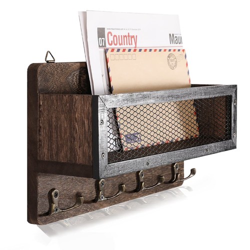 Mail and Key Holder for Wall Decorative, Wooden Wall Mount Key Rack Hanger Or...