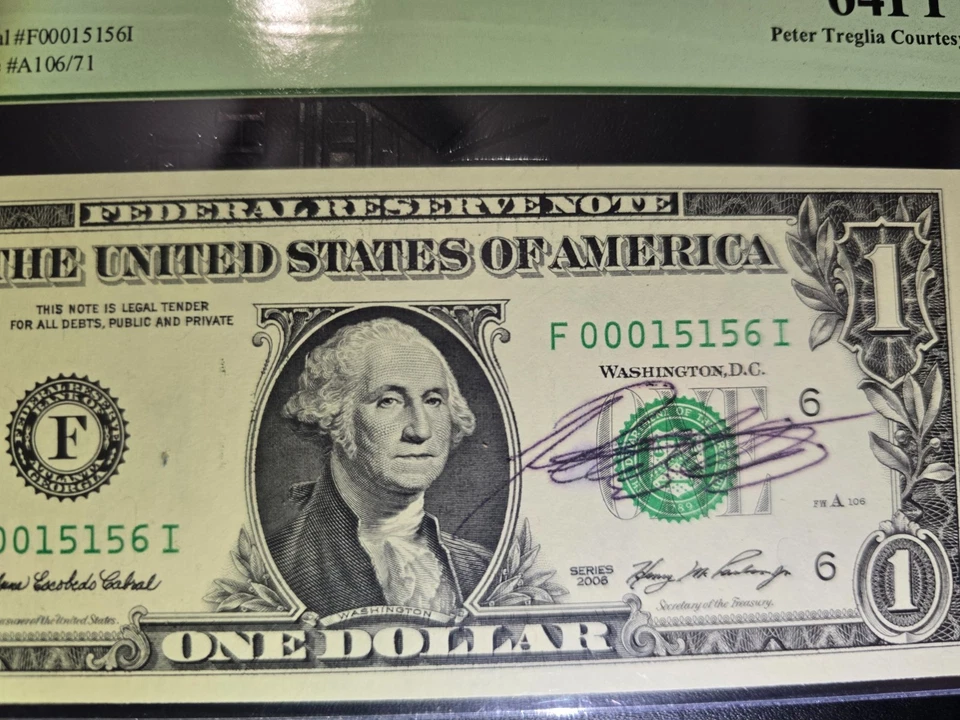 Fr 1933 F 2006 $1 Low serial courtesy Autograph Peter Treglie - Image 2 of 4