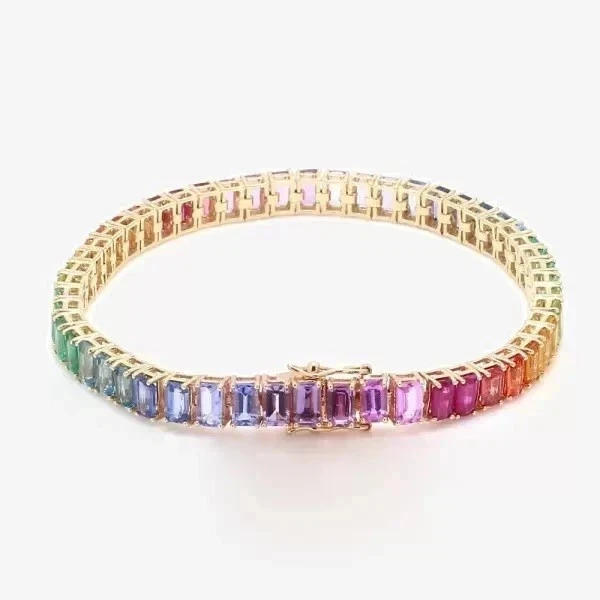 22Ct Emerald Lab Created Rainbow Sapphire Tennis Bracelet 14K Yellow Gold Plated - Image 4 of 4