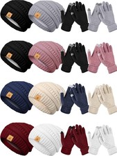 8 Set Winter Warm Hat and Gloves Bulk Knitted Warm Beanies and Touchscreen So...