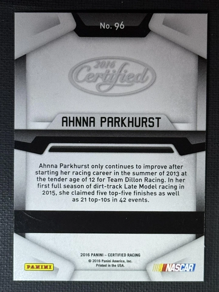 2016 Panini Certified #96 Ahnna Parkhurst Ahnna Parkhurst Racing Rookie - Image 2 of 2