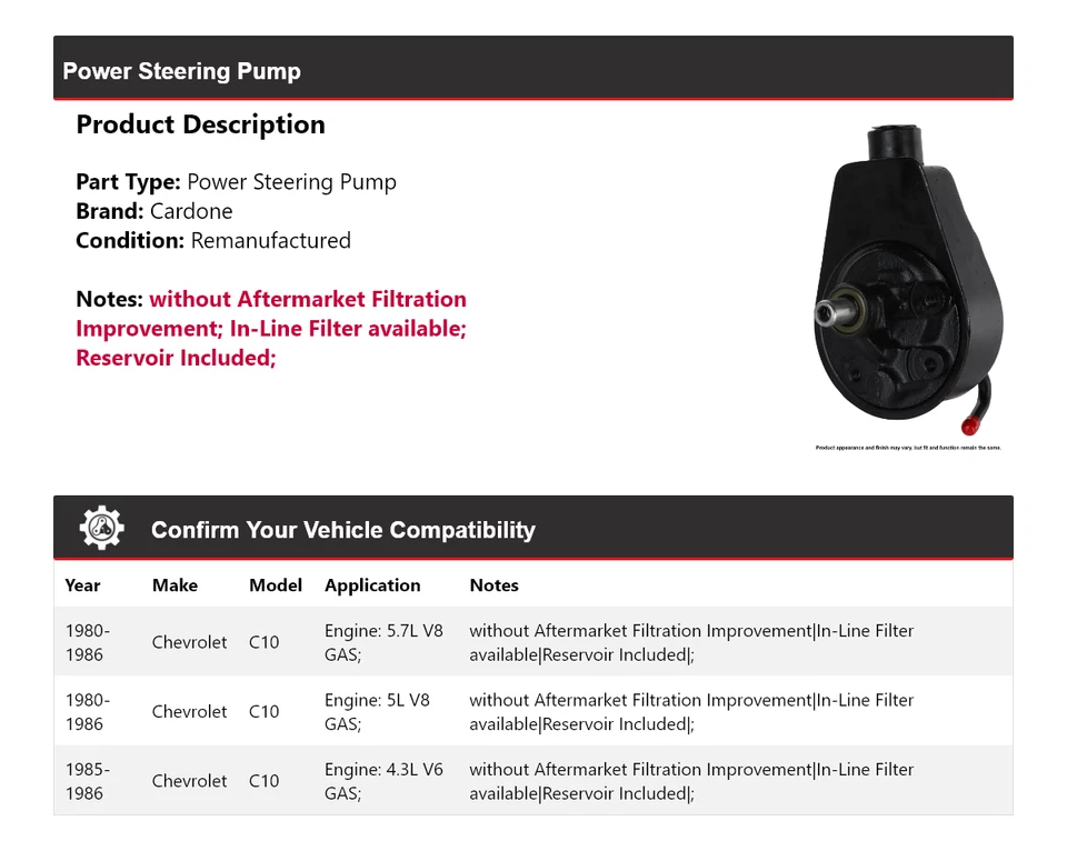 Bomba de dirección asistida Cardone para Chevrolet C10 1980-1986 1981 1982 1983 1984 1985 Foto 2 de 4