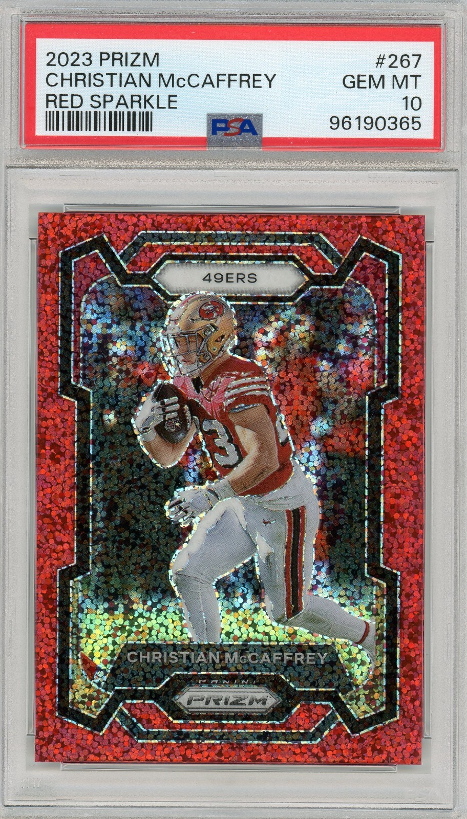2023 PANINI PRIZM 267 CHRISTIAN MCCAFFREY RED SPARKLE PRIZM SSP PSA 10 GEM MT 💎