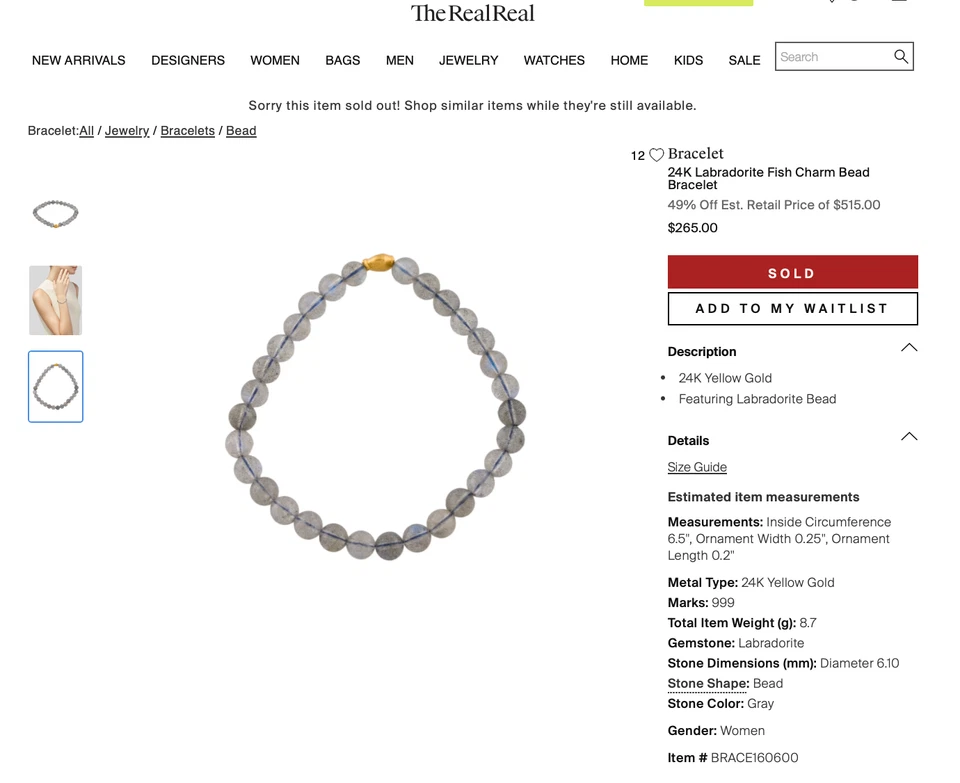 24K Gold 999 Gold Fish Charm Labradorite Bead Bracelet - Image 2 of 4