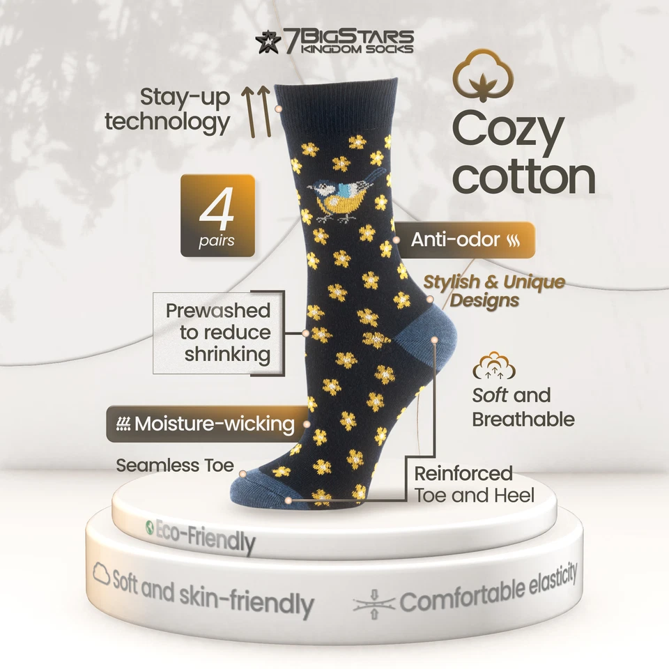 Calcetines de algodón Bluebird Flamingo Robin para mujer - Paquete de 4 medianos - grises, azules, azul marino Foto 2 de 4