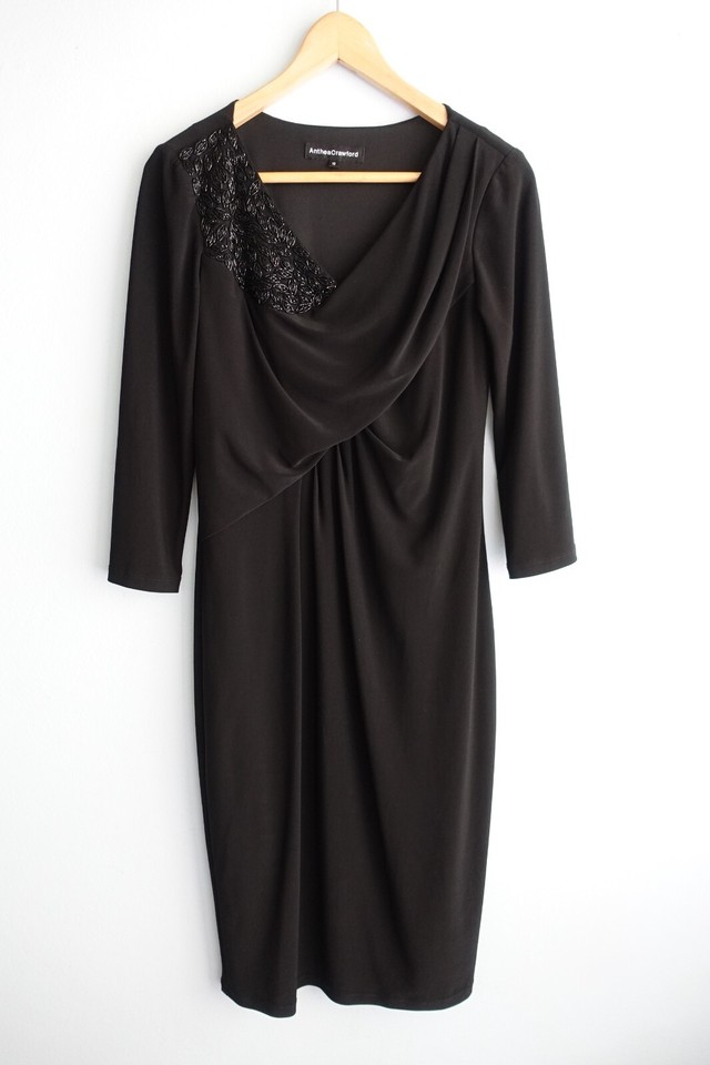 Anthea Crawford Dress Womens size 10 Black Beaded Pleated Party Evening Event