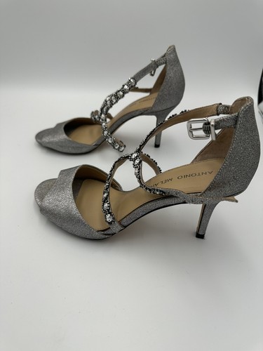 Antonio Melani Sandals Heels Silver Sparkle Rhinestone Straps Glitter Sz 7M - Picture 3 of 7