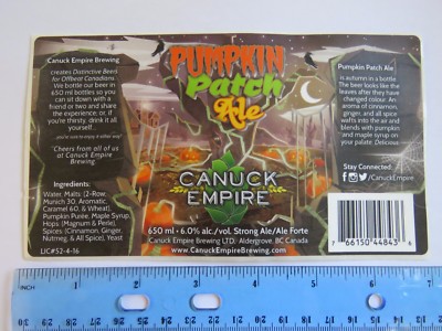 Beer Sticker CANUCK Empire Brewing Pumpkin Patch Ale ~ Aldergrove, BC, CANADA