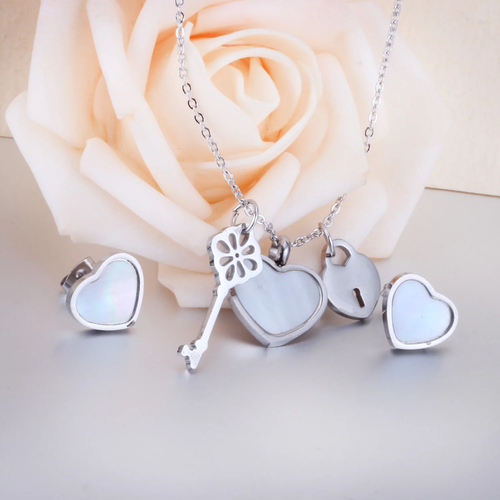Silver Stainless Steel Pink Heart Lock and Key Pendant Set with Heart Earrings 3 - Picture 2 of 5