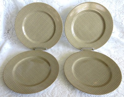 4 FITZ & FLOYD FOULARD TAUPE 10 1/4'' DINNER PLATES BLACK WHITE DIAMONDS PERFECT