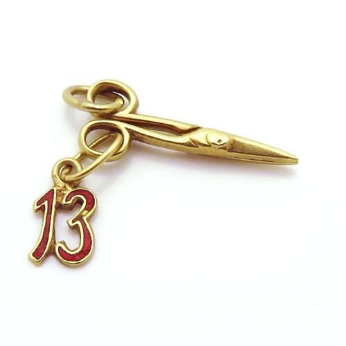 Vintage Art Deco 14k Gold bewegliche Schere mit Glückszahl 13 Anhänger 20er Jahre - Bild 6 von 11