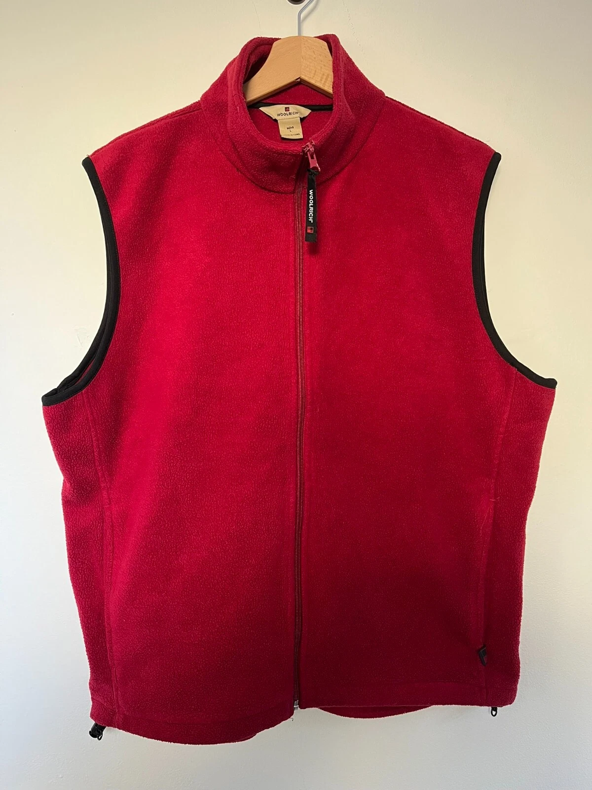 Woolrich Fleece Vest Gilet Mens Large Red Full Zip Jacket Outdoors USA Cinchable