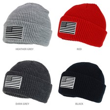 Black Grey Amercian Flag Embroidered Patch Ribbed Cuffed Knit Beanie - FREESHIP