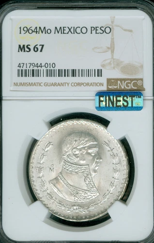 1964 Mo MEXICO SILVER MORELOS PESO NGC MS67 PQ FINEST GRADE MAC SPOTLESS *