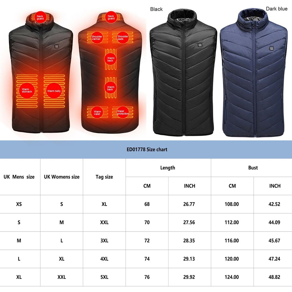 USB Men Electric Heated Vest Jacket 9 Zone Warm Up Heating Pad Cloth