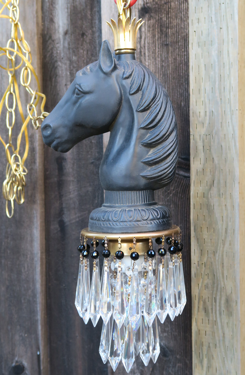 Chess Horse head chandelier Swag Lamp brass spelter Vintage metal