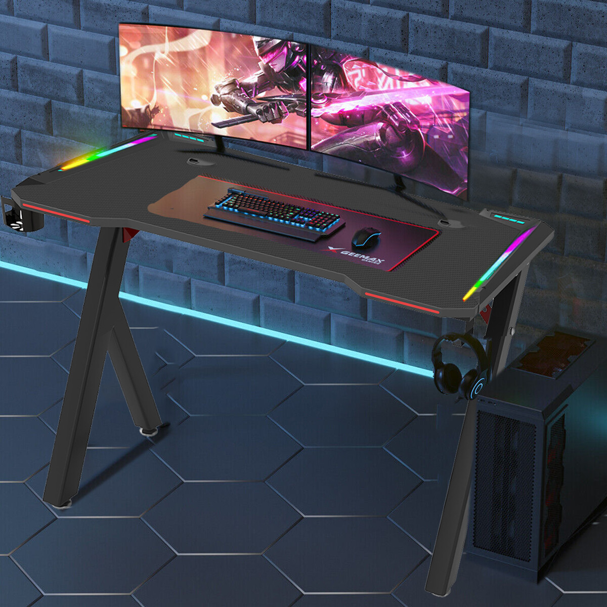 XXL Gaming Desk RGB LED Computer Racing Table Carbon Fiber PC Gamer