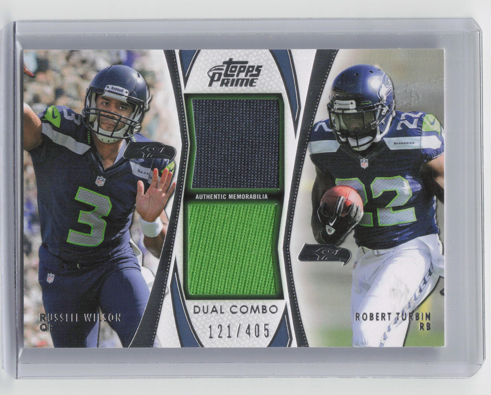 2012 Topps Prime (Hobby) #DCR-WT Russell Wilson Robert Turbin Dual Relics #/405