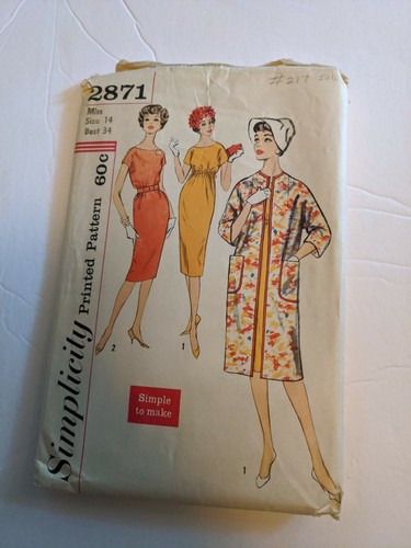 Vintage SIMPLICITY 2871 Misses' One Piece Dress Coat Miss Size 14 Bust 34