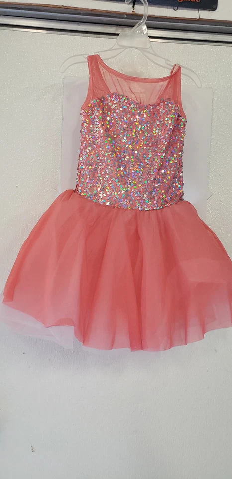 Vestido de princesa Curtain Call coral com lantejoulas holograma prata infantil tamanho M  - Imagem 2 de 3