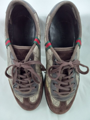 GUCCI Dark Brown GG Monogram Canvas Leather & Suede Men's Sneakers