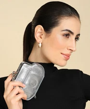 Women's Leather Metal Frame Double Clasp Zipper Coin Purse