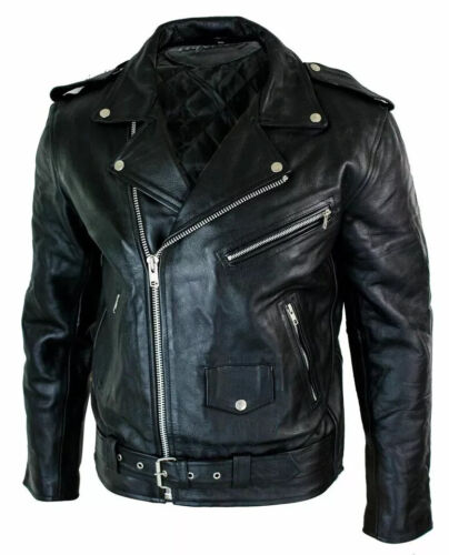 Herren Motorrad Lederjacke echtes Büffelfell Brando Style schwarz Biker - Bild 2 von 6